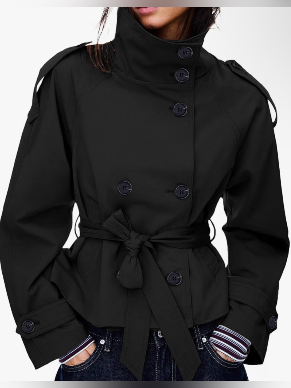 Women's Black Belted Trench Coat with High Collar